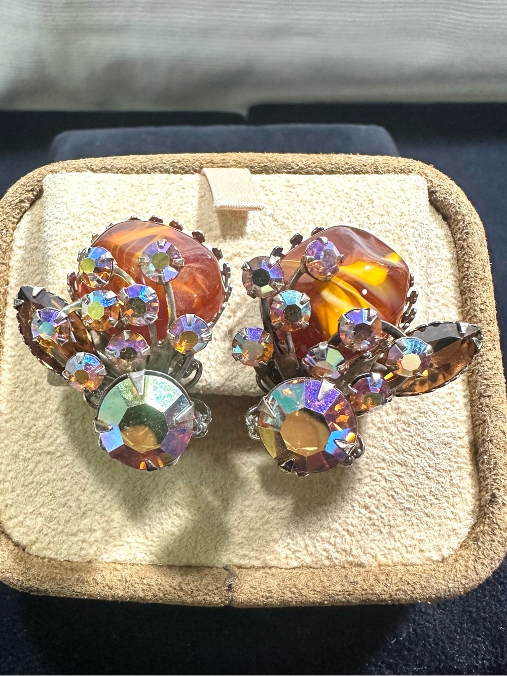 Vtg: Judy Lee Amber Rhinestone & Glass Cabochon Clip On Earrings